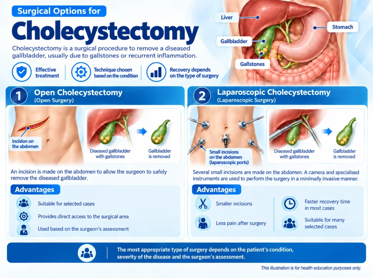 Infographic of cholecystectomy, showing laparoscopic removal of the gallbladder.