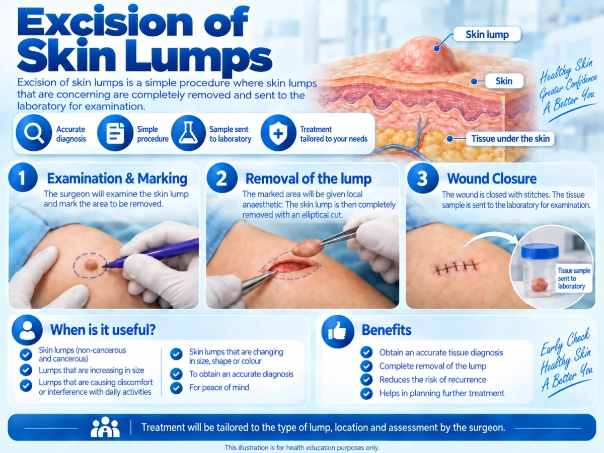 Infographic of excision of skin lumps, showing removal of a subcutaneous lump.