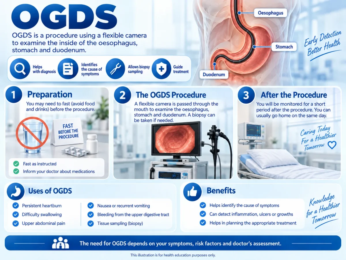 Infographic of OGDS or gastroscopy, showing a flexible camera examining the stomach.