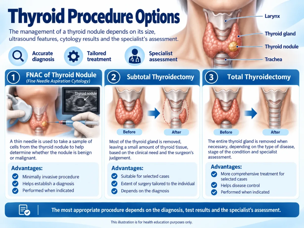 Infographic of thyroid procedure options, showing partial and total thyroidectomy.