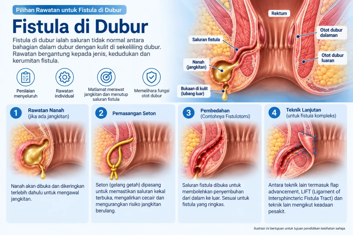 Infografik pilihan rawatan fistula dubur.
