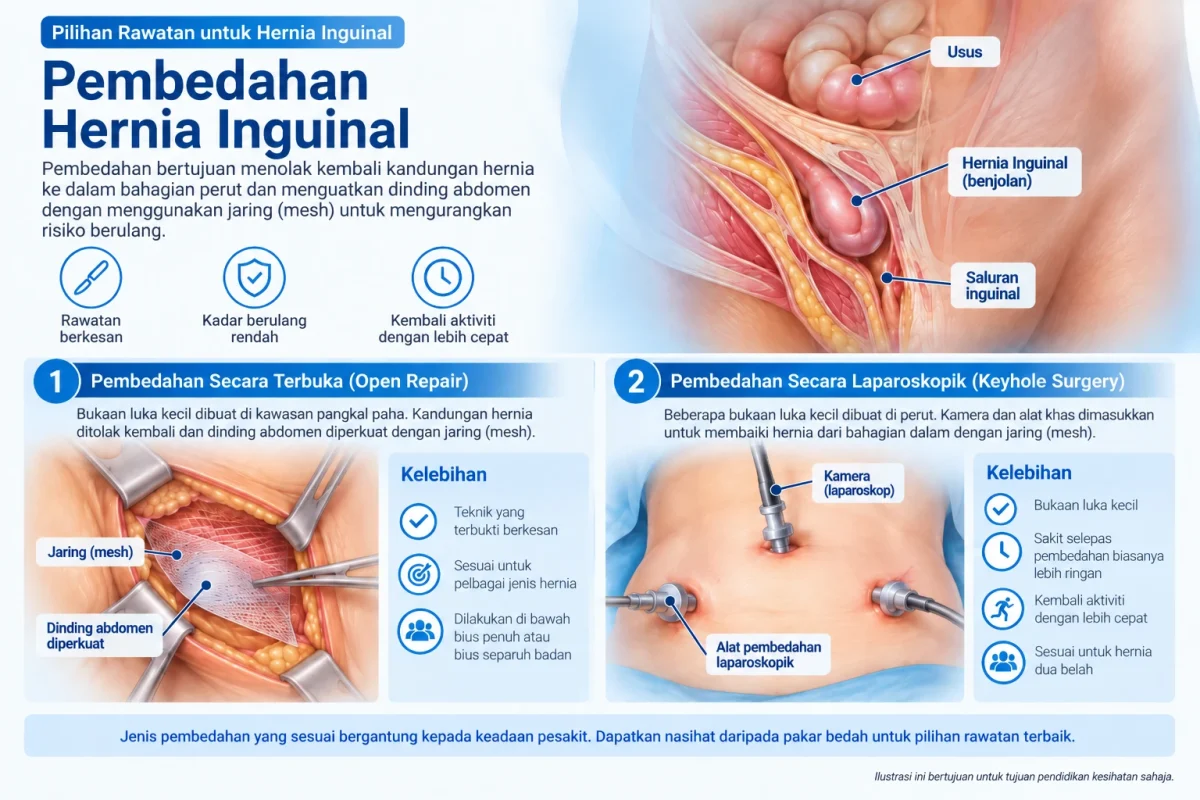 Infografik pembaikan hernia inguinal.